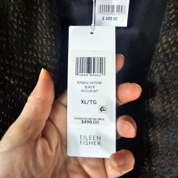 Eileen Fisher Black Silk Blend Jacquard Open Front Jacket XL Pleated Back Luxury - Picture 10 of 13